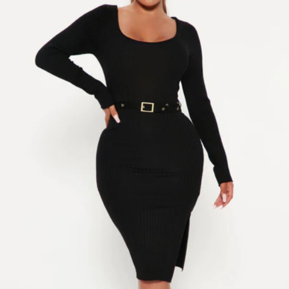 Fashion Nova - Loop Me In Belted Sweater Dress - Black - Size M